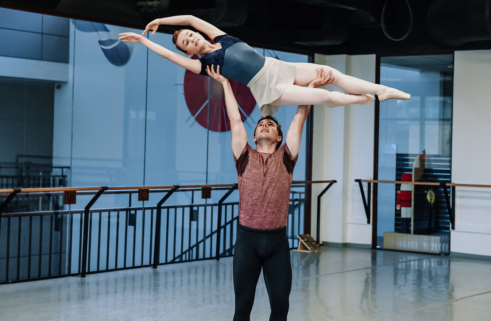 Fort Wayne Ballet's Talbot Rue and dancing partner Abby Zinsser practice the piece "Spring Waters" during a rehearsal at The Auer Center.