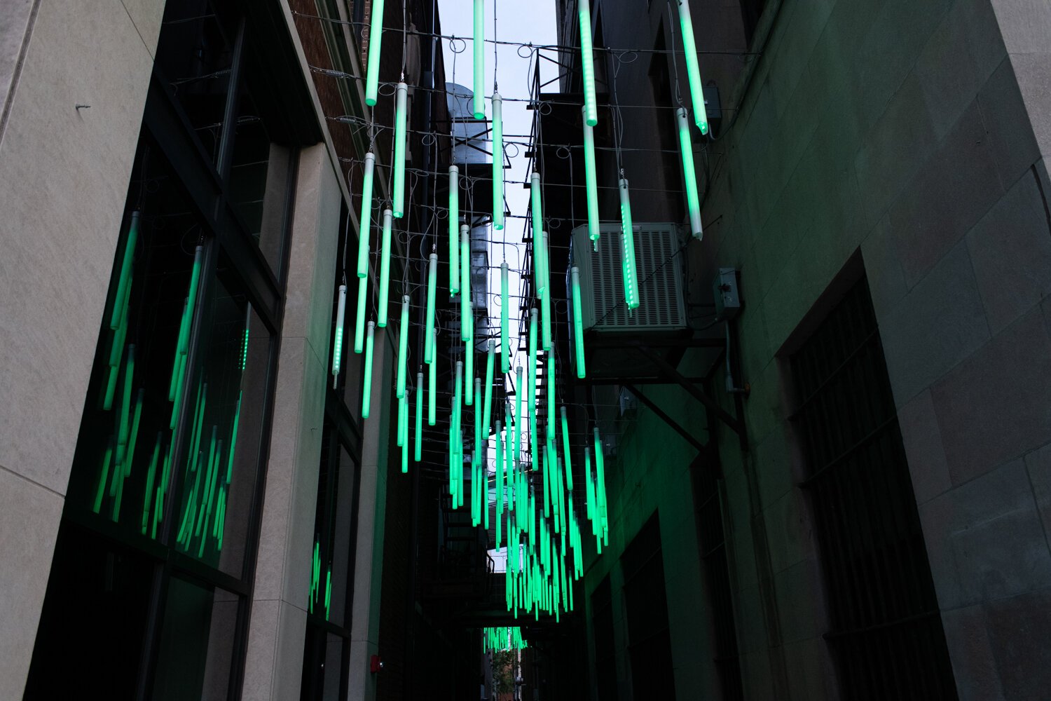 A light sculpture called 77 Steps in the alley between 113 and 127 W. Berry St.