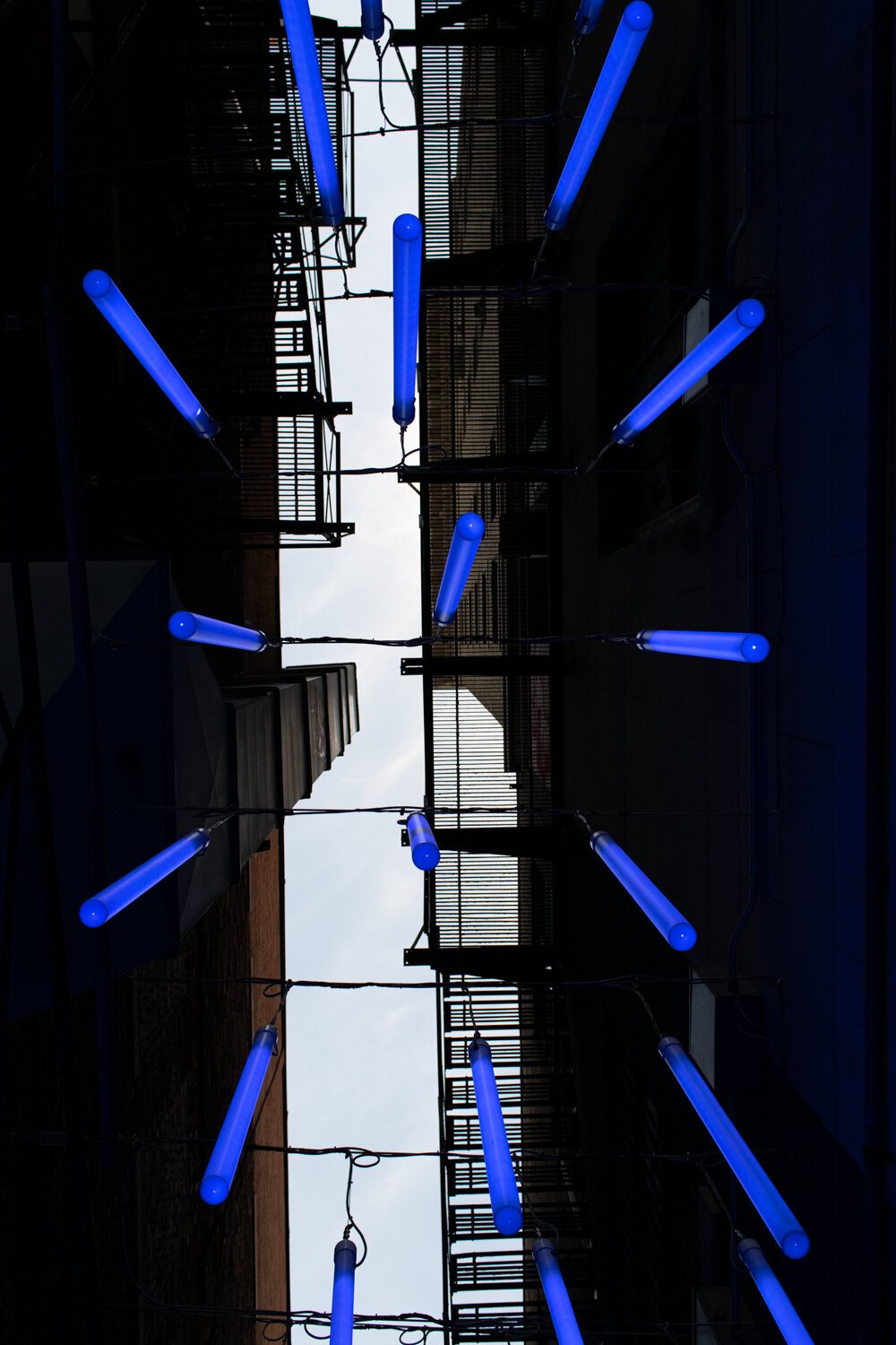 A light sculpture called 77 Steps in the alley between 113 and 127 W. Berry St.