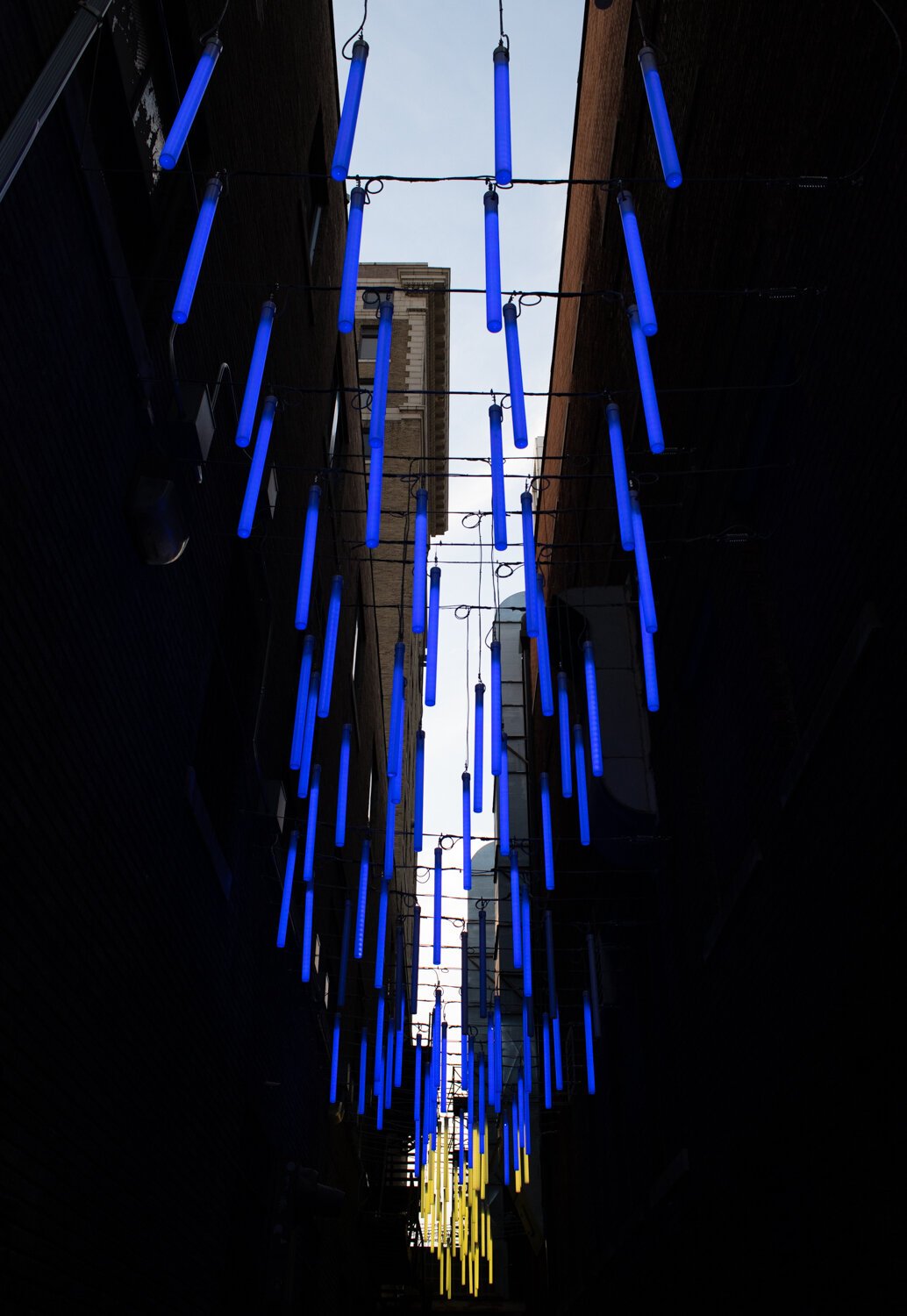 A light sculpture called 77 Steps in the alley between 113 and 127 W. Berry St.