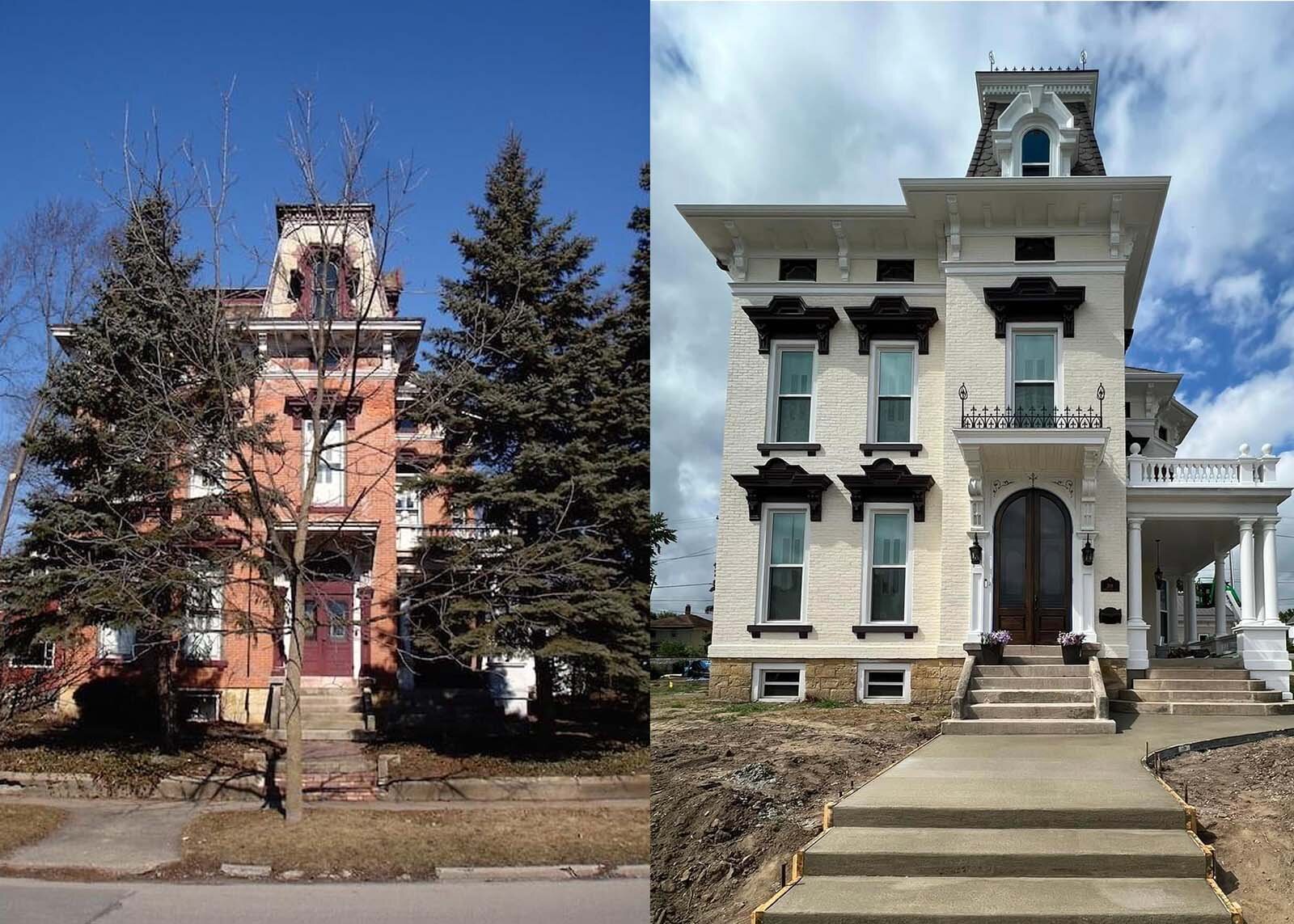 The exterior of the Rauh's home before (left) and after (right) renovations.