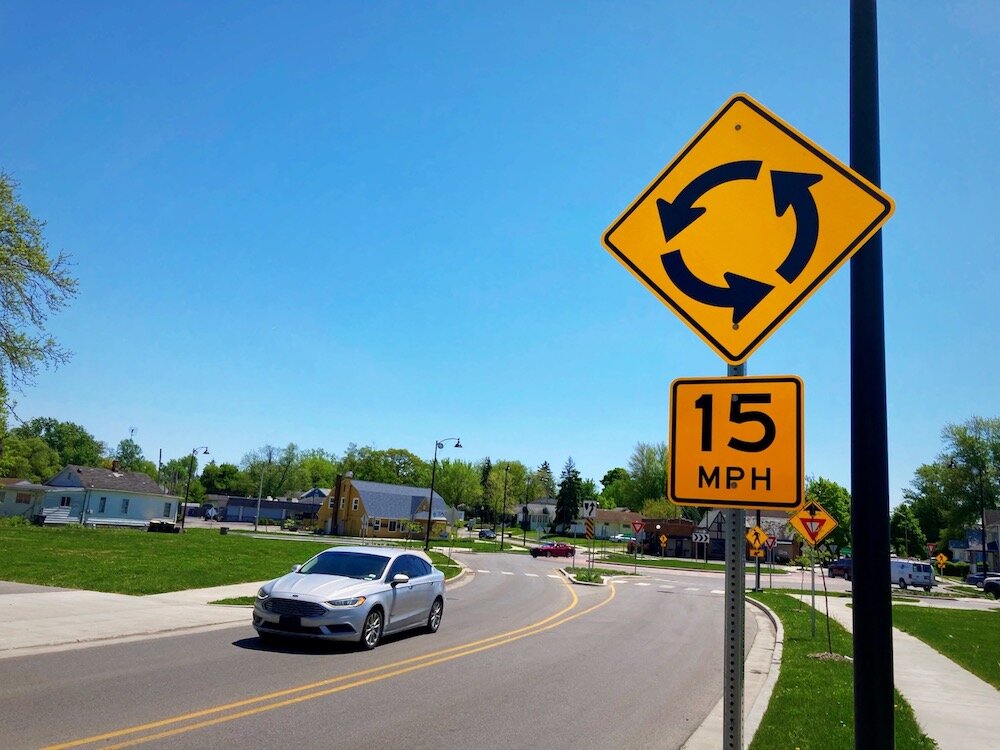 The former “Five Points” intersection has become a roundabout, providing for improved traffic flow, increased safety, and likely leading to lower annual costs. 