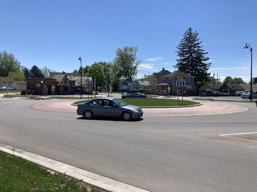 The former “Five Points” intersection has become a roundabout, providing for improved traffic flow, increased safety, and likely leading to lower annual costs. 