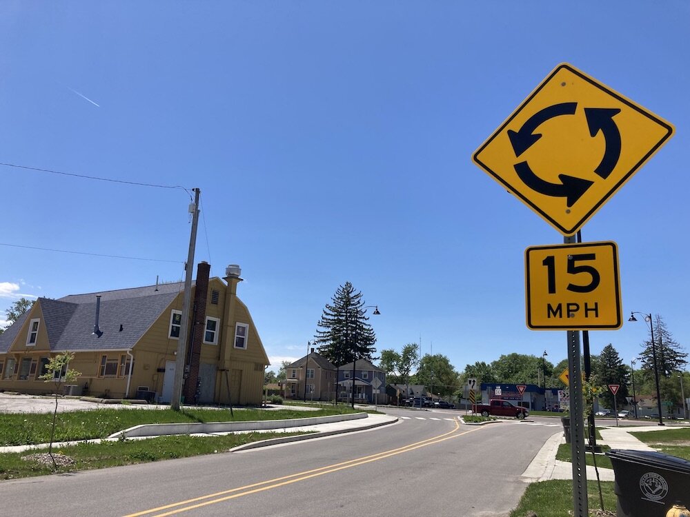 The former “Five Points” intersection has become a roundabout, providing for improved traffic flow, increased safety, and likely leading to lower annual costs. 