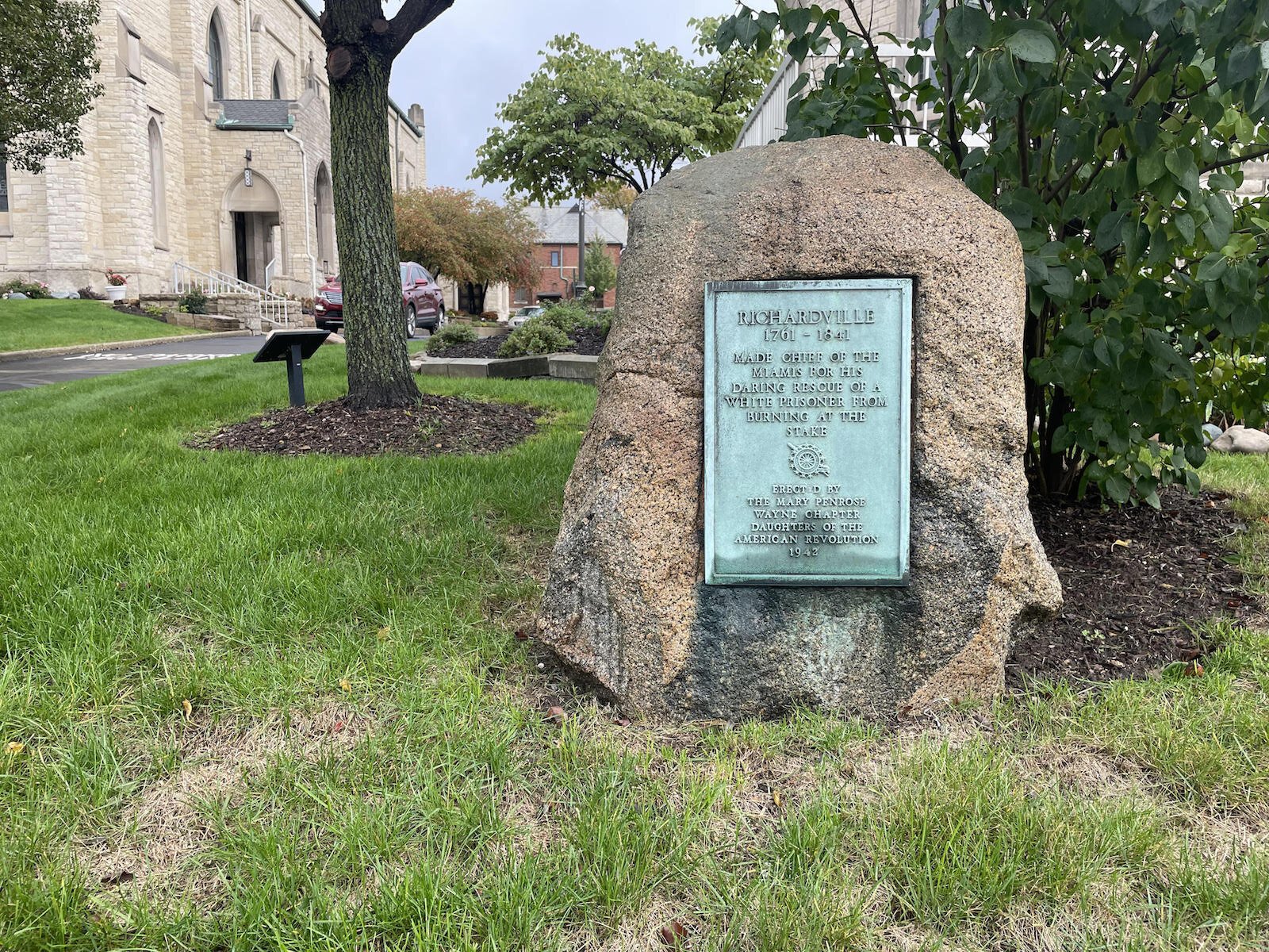 A historical marker laid by the Daughters of the American Revolution marks the spot near where Chief Richardville was originally buried at the Cathedral of the Immaculate Conception downtown.