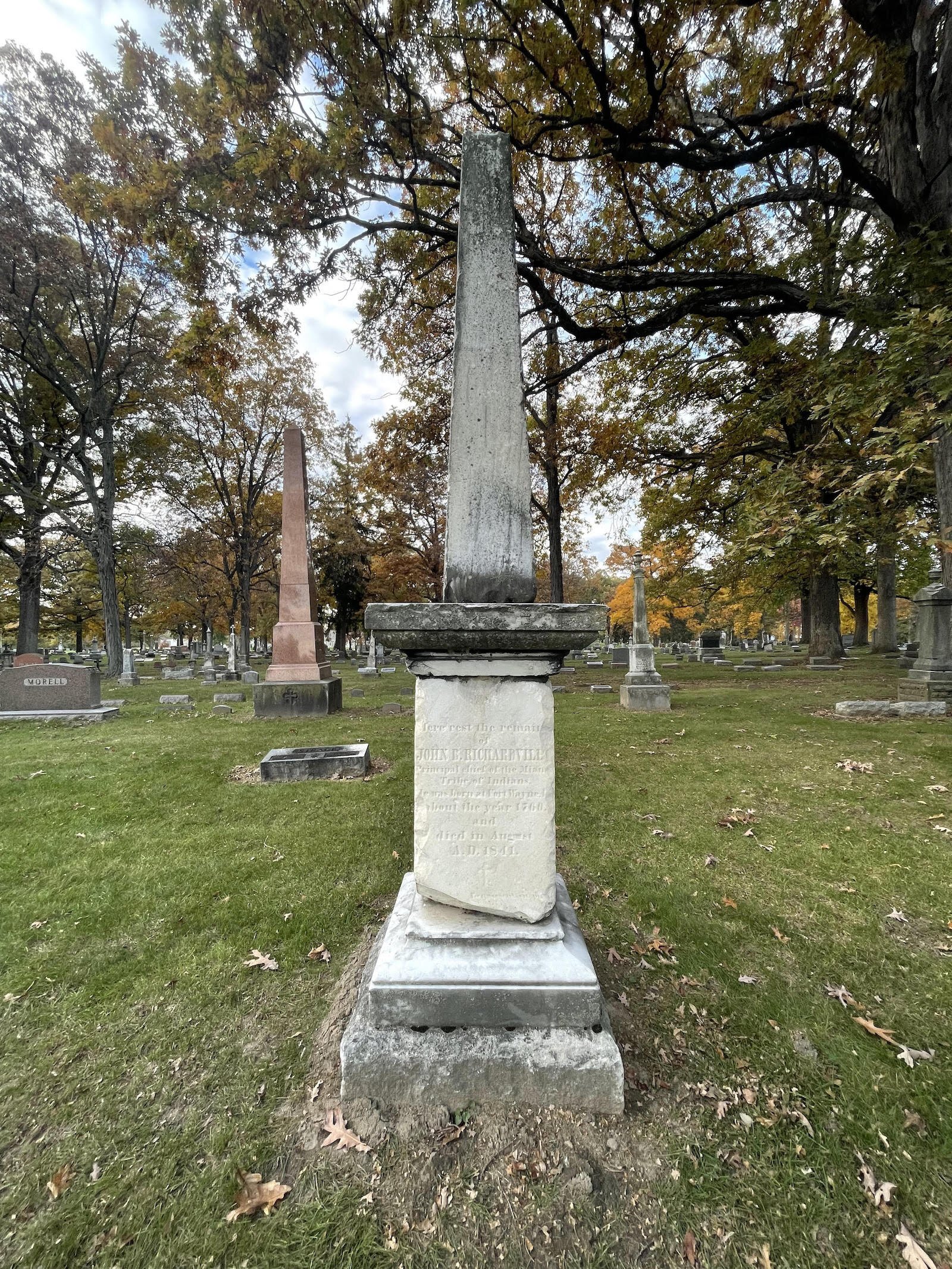 A memorial remembering Chief Richardville stands in the Catholic cemetery on Lake Avenue. However, there is debate about whether his body was moved when the cemetery was built.