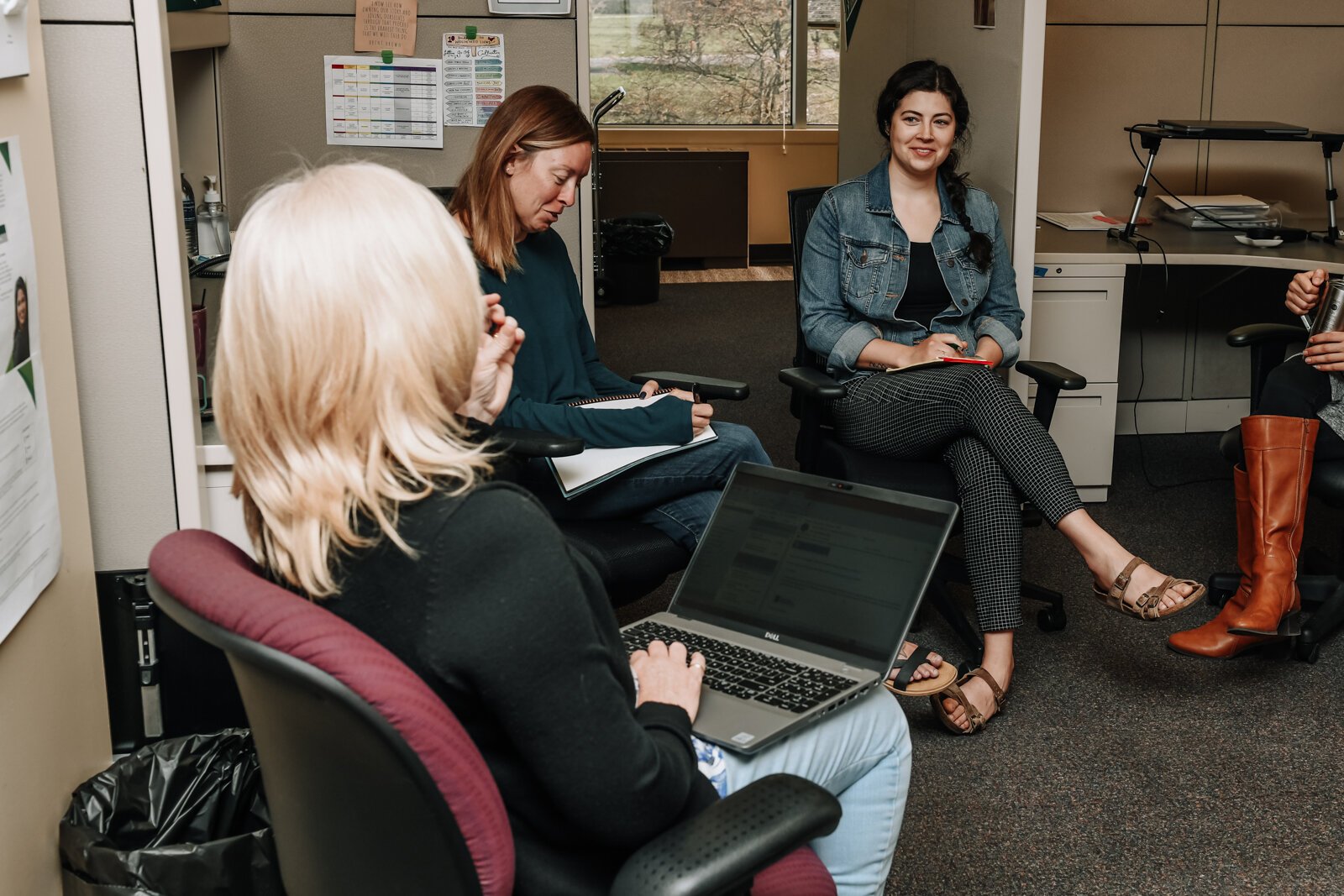 Hybrid work changes how Ivy Tech's Career Coaching and Employer Connections Office interacts with their space. On the far right is Meghan Stevens, a Talent Connection Manager.