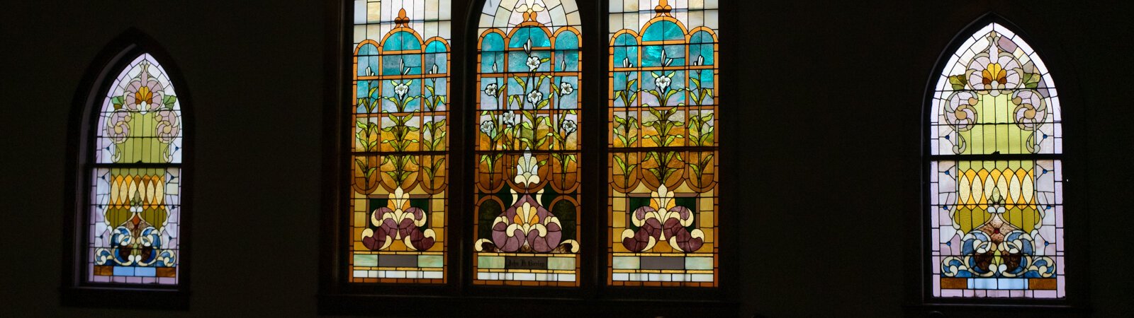 Stained glass windows of the Sanctuary, a historic church-turned-Airbnb near downtown Wabash.