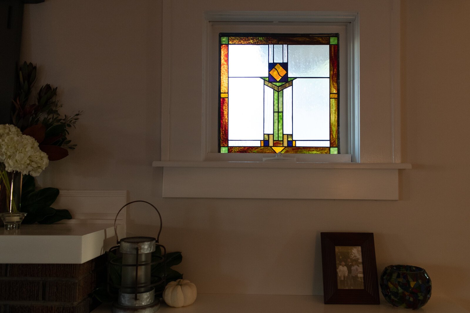 A stained-glass window that Kevin Christon created in the living room of his home in The '05.