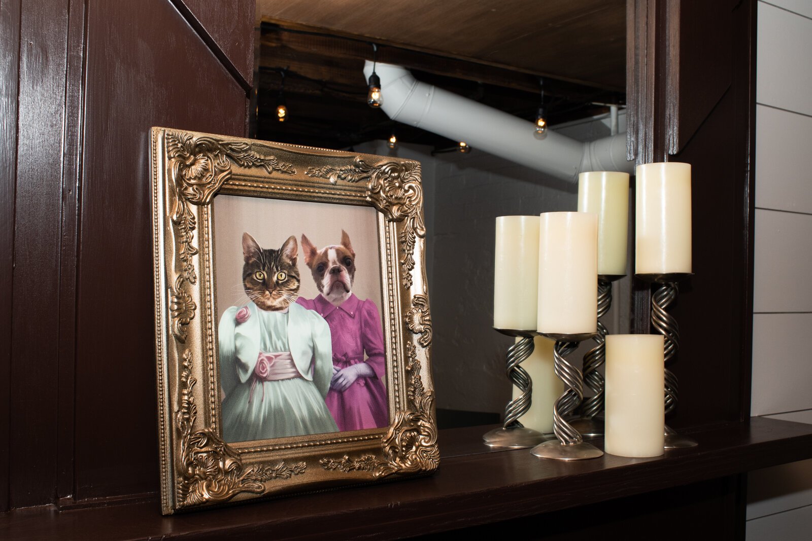 Mantle decor in Kevin Christon's speakeasy style bar space.