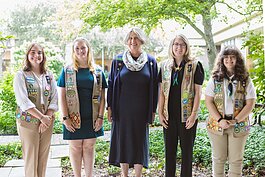 Girl Scouts of Northern Indiana-Michiana CEO Sharon Pohly (center) is shown with Gold Award Girl Scout honorees Sunday, June 25, at Goshen College. From left are Heather Elwood, Colleen Britten, Keely Roe, and Megan Willis.