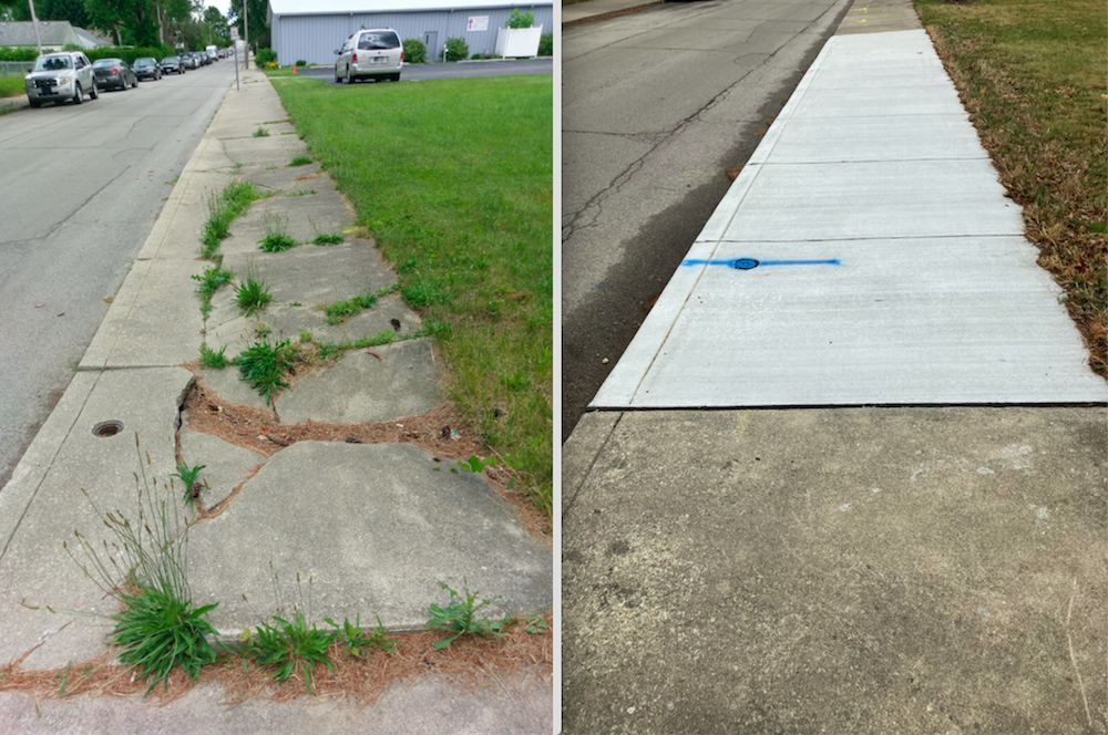 A "before" and "after" picture of a section of sidewalk SWAP replaced using INN Funds.