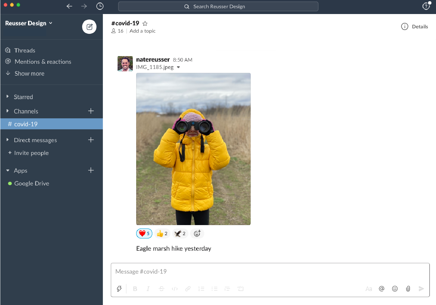 Reusser Design uses slack to share life updates outside of work.