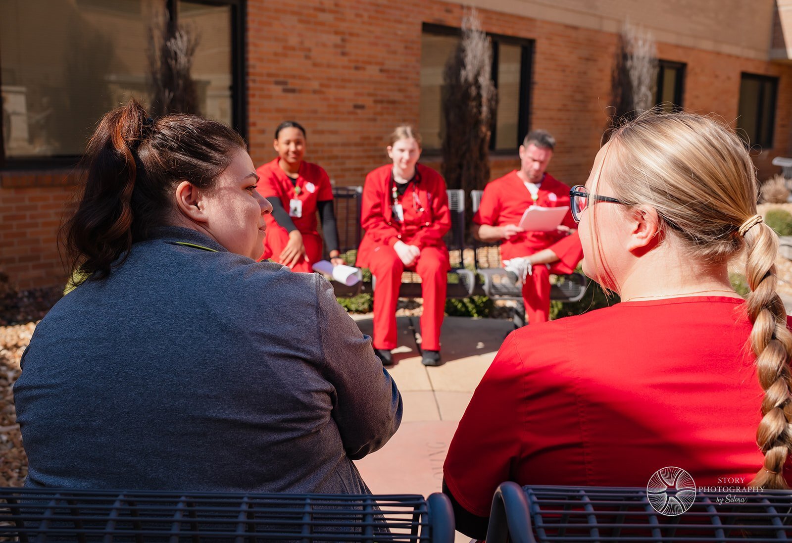 Roni Elliott, Parkview nurse and Indiana University Fort Wayne instructor, talks with students during a clinical.