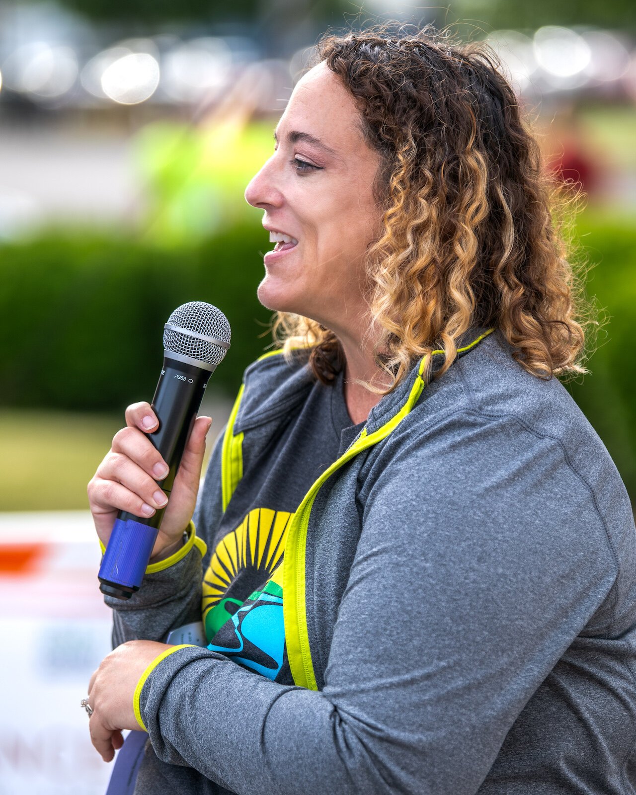 Stephanie Rogers, race director, making announcements at Wabash Run the River.