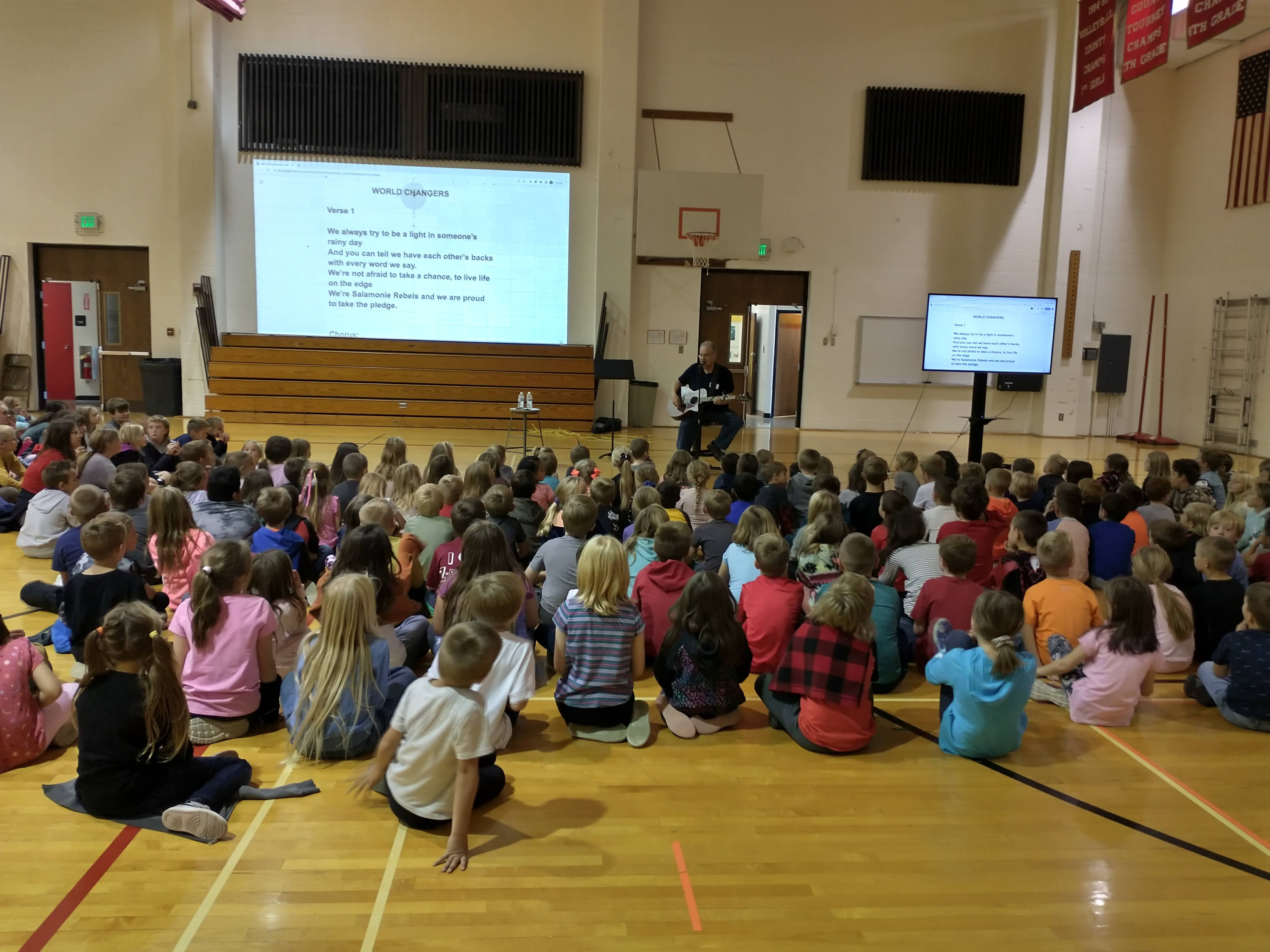 Songwriter Steve Seskin works with students at Salamonie Elementary School in Warren, IN as part of the program, "Kids Write Songs."