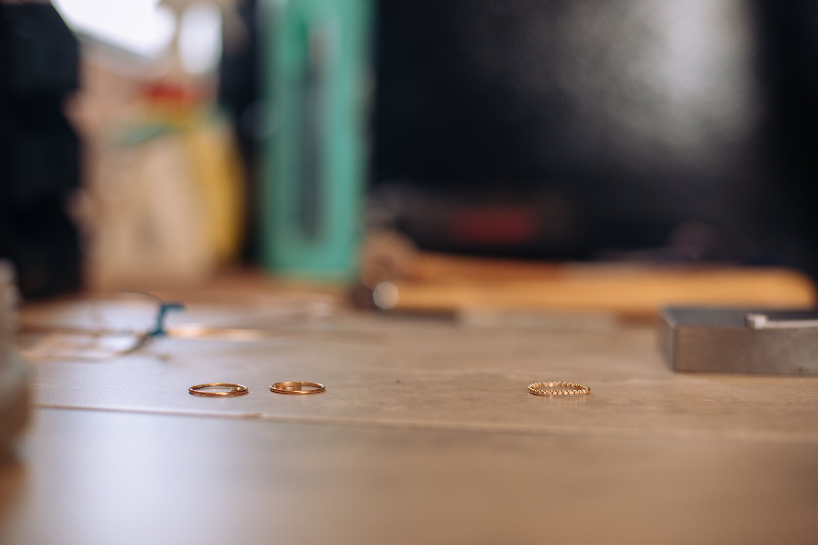 Rings on Raelyn Bever's workspace.