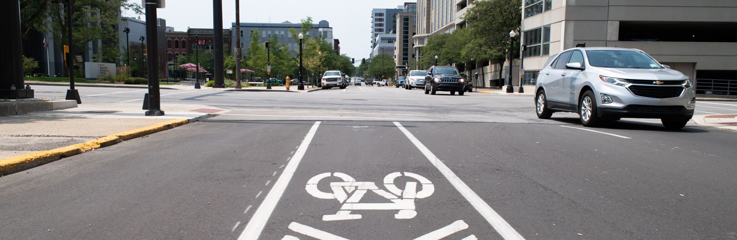 Bike lanes create connectivity for cyclists through downtown Fort Wayne.