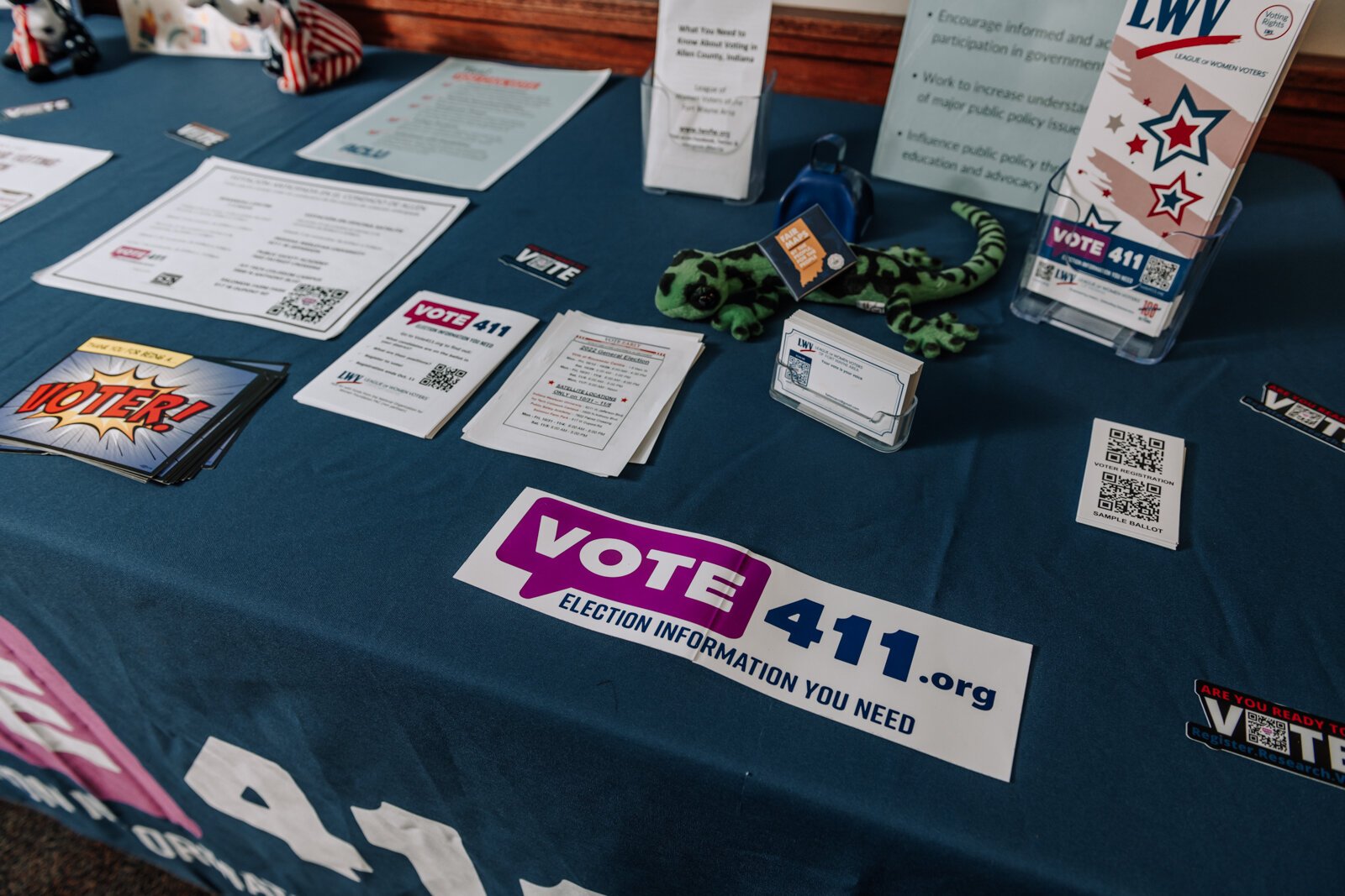 Items on a voting information table set up by Betsy Kachmar, Co-President of League of Women Voters of Fort Wayne at the Allen County Public Library Tecumseh branch. Kachmar's team has set up similar tables in 40 locations in the last month. 