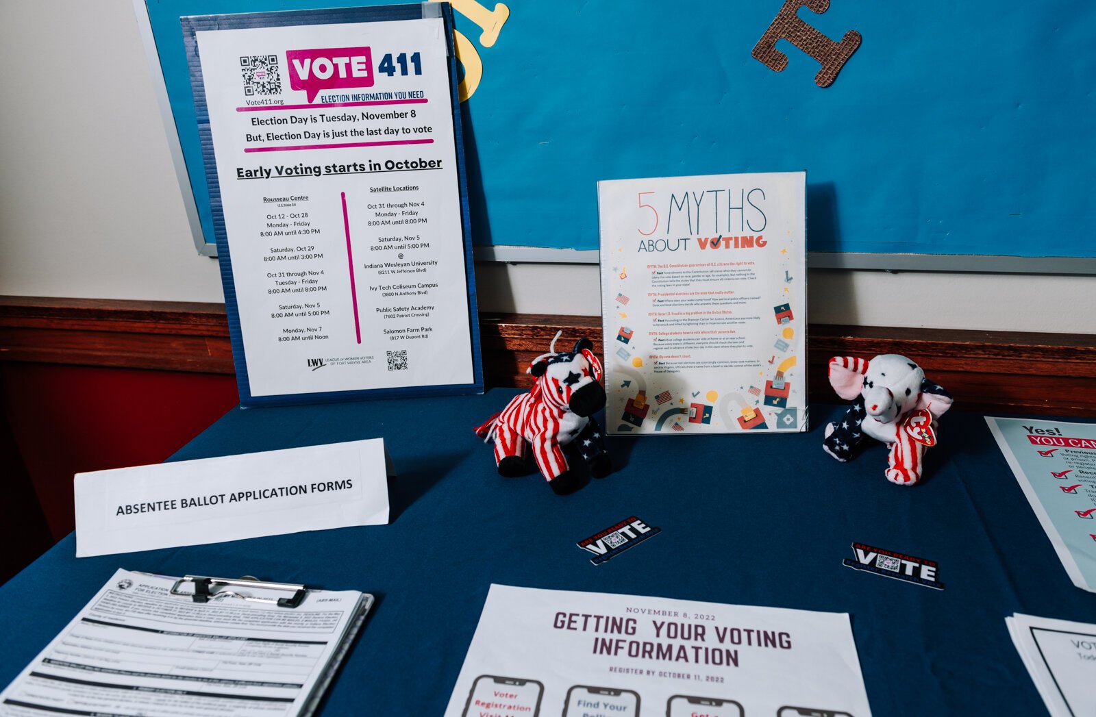 Items on a voting information table set up by Betsy Kachmar, Co-President of League of Women Voters of Fort Wayne at the Allen County Public Library Tecumseh branch. Kachmar's team has set up similar tables in 40 locations in the last month. 