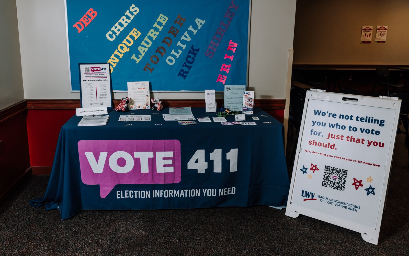 Items on a voting information table set up by Betsy Kachmar, Co-President of League of Women Voters of Fort Wayne at the Allen County Public Library Tecumseh branch. Kachmar's team has set up similar tables in 40 locations in the last month. 