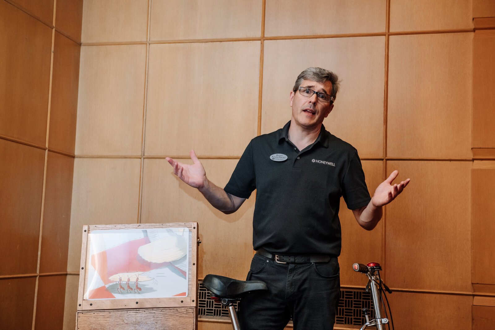 Brian Kruschwitz, Education Artistic Manager at Honeywell Foundation shows off Kamishibai - Japanese Paper Theater, a storytelling technique, at the Honeywell Center.