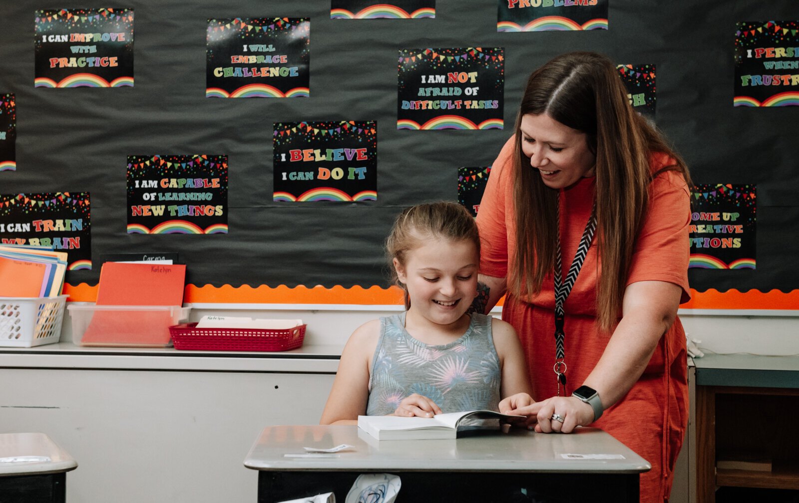 Teacher Stacey Fry helps student Keagyn LeMaster during reading time in her class at O J Neighbours Elementary School in Wabash.