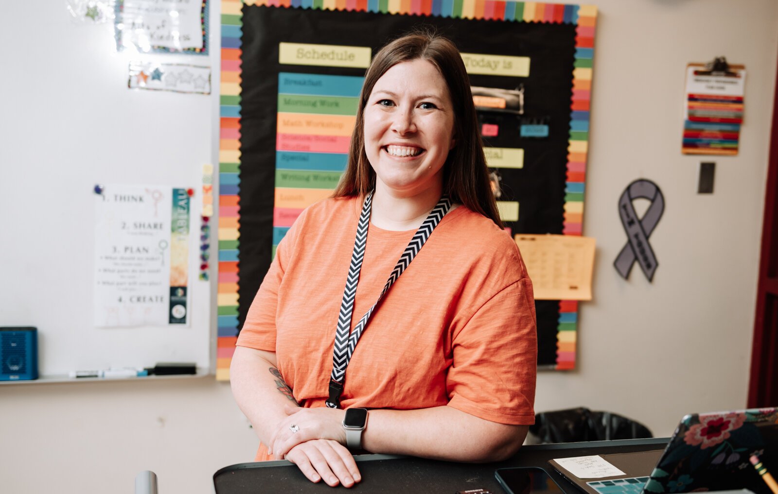 Headshot of teacher Stacey Fry in her class at O J Neighbours Elementary School in Wabash.