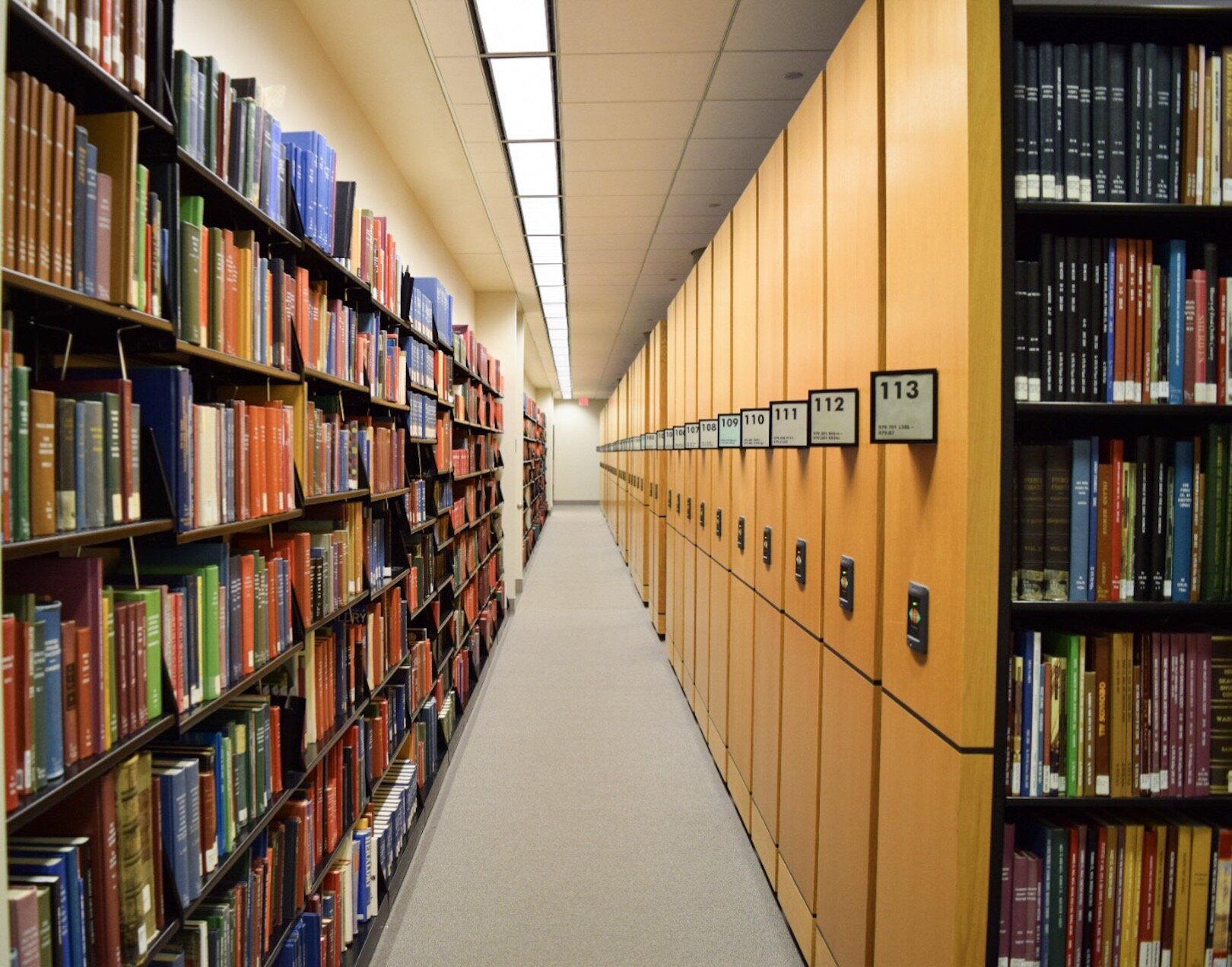 West stacks of research books at the Allen County Public Library's Genealogy Center.